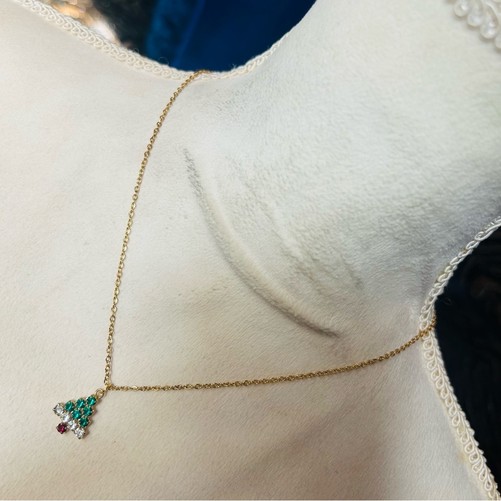 Vintage glass stone Christmas tree pendant on chain necklace